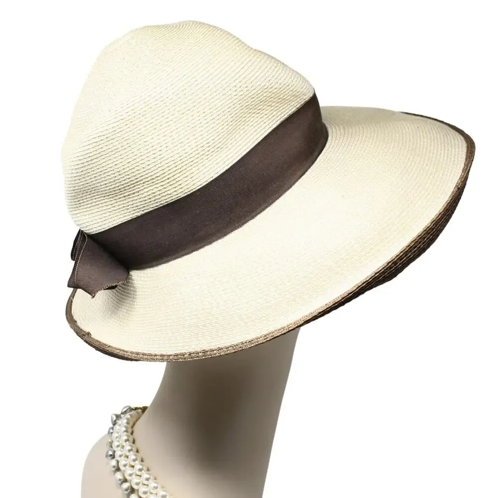 Vintage Wide Brim Straw Sun Hat Cream Brown Ribbon Summer Resort Chic - Hey Viv